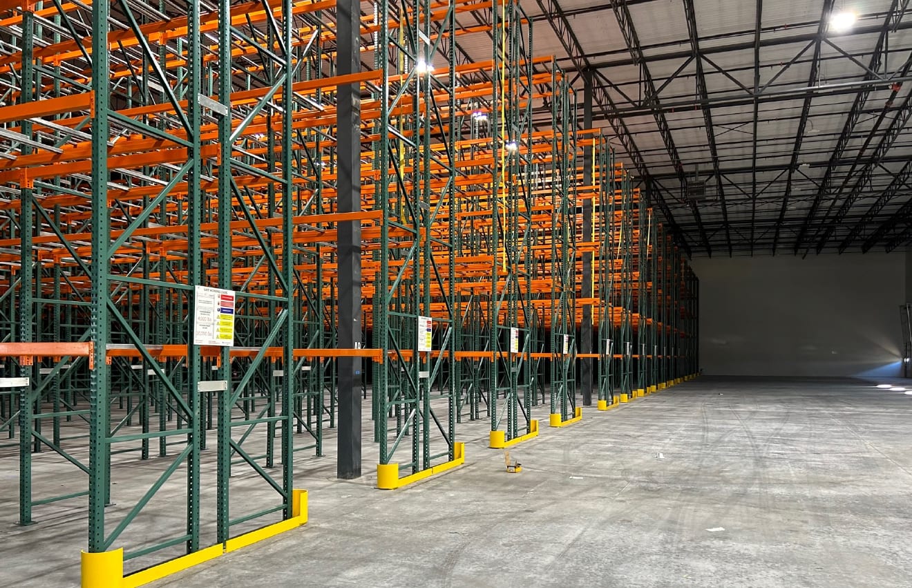 Rows of very narrow aisle pallet racking six levels high in a document storage facility in Haslet, TX